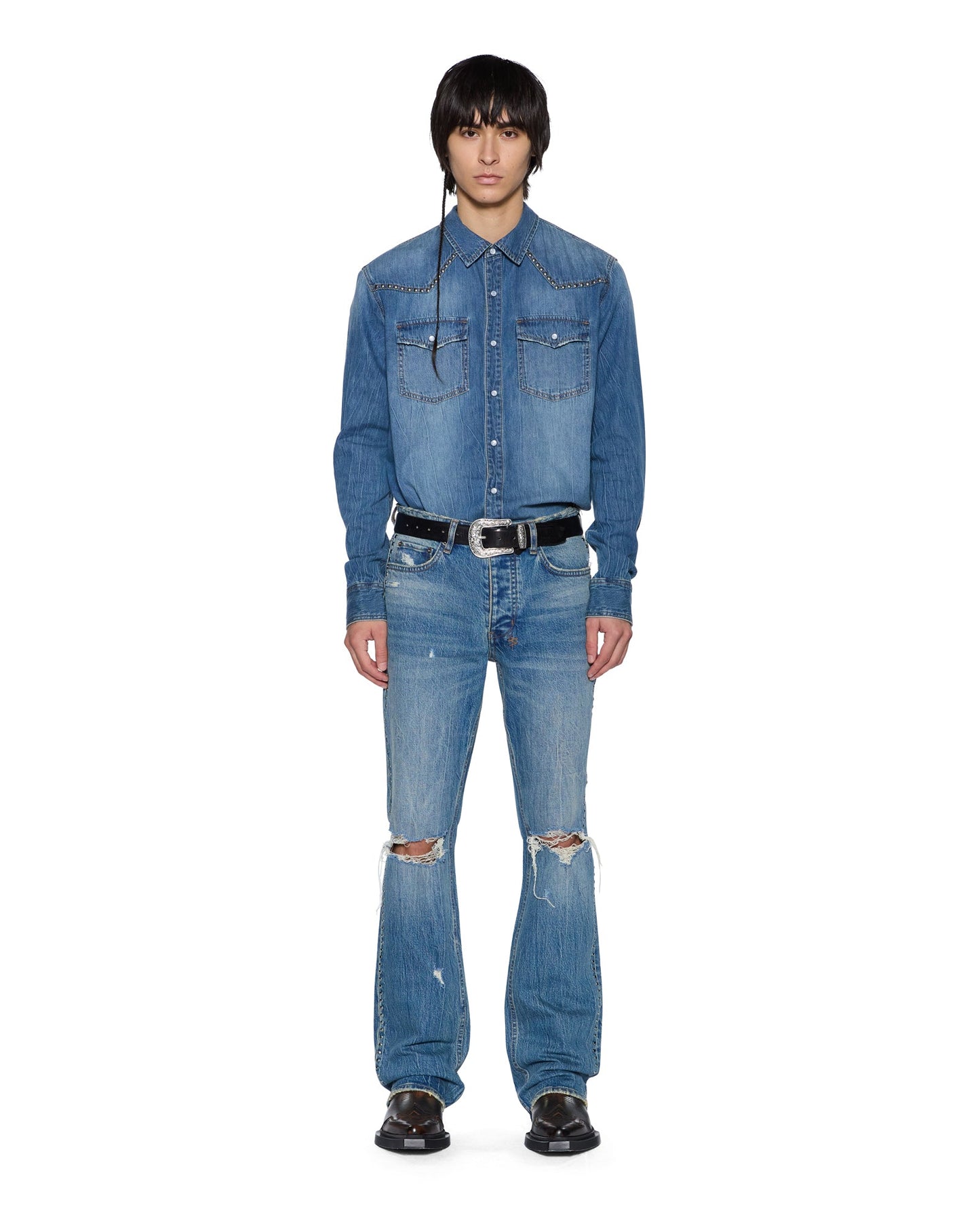 WHIPLASH LS SHIRT TEXAS BLUE STUDDED